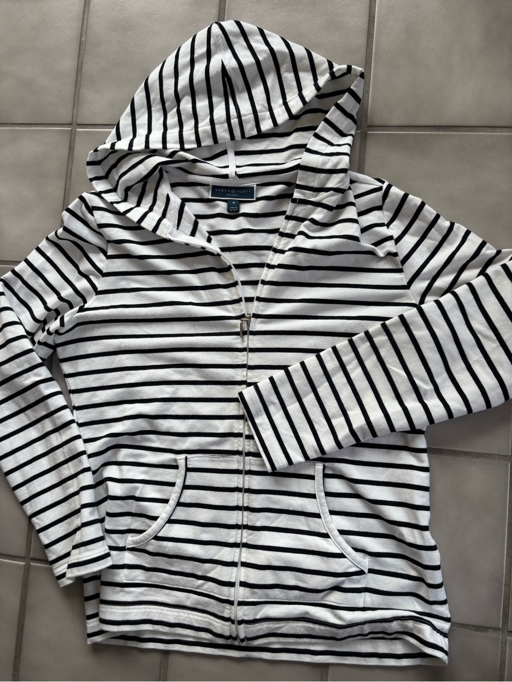 Karen Scott White and Black Striped Hooded Zip-Up Jacket